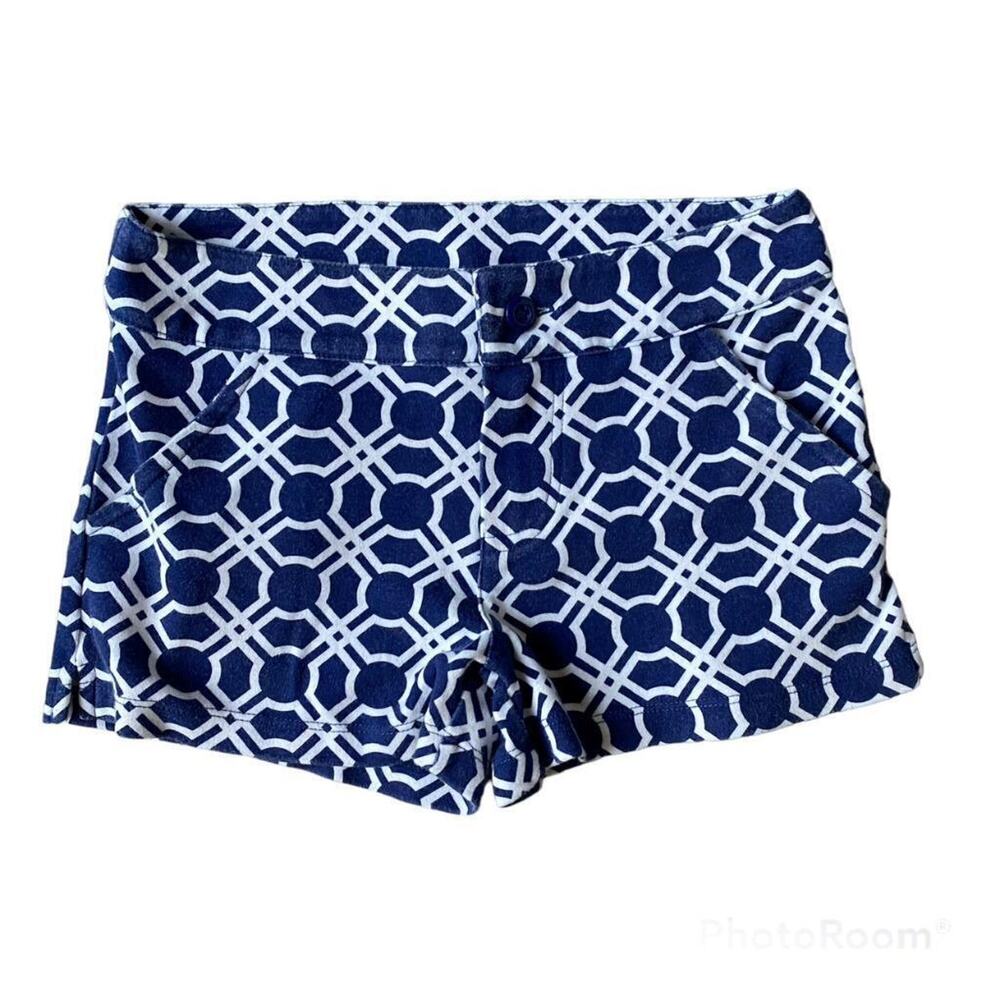 Girls M JK Navy Blue White Geo Print Pocket Stretch Button Zip Flat Front Shorts
